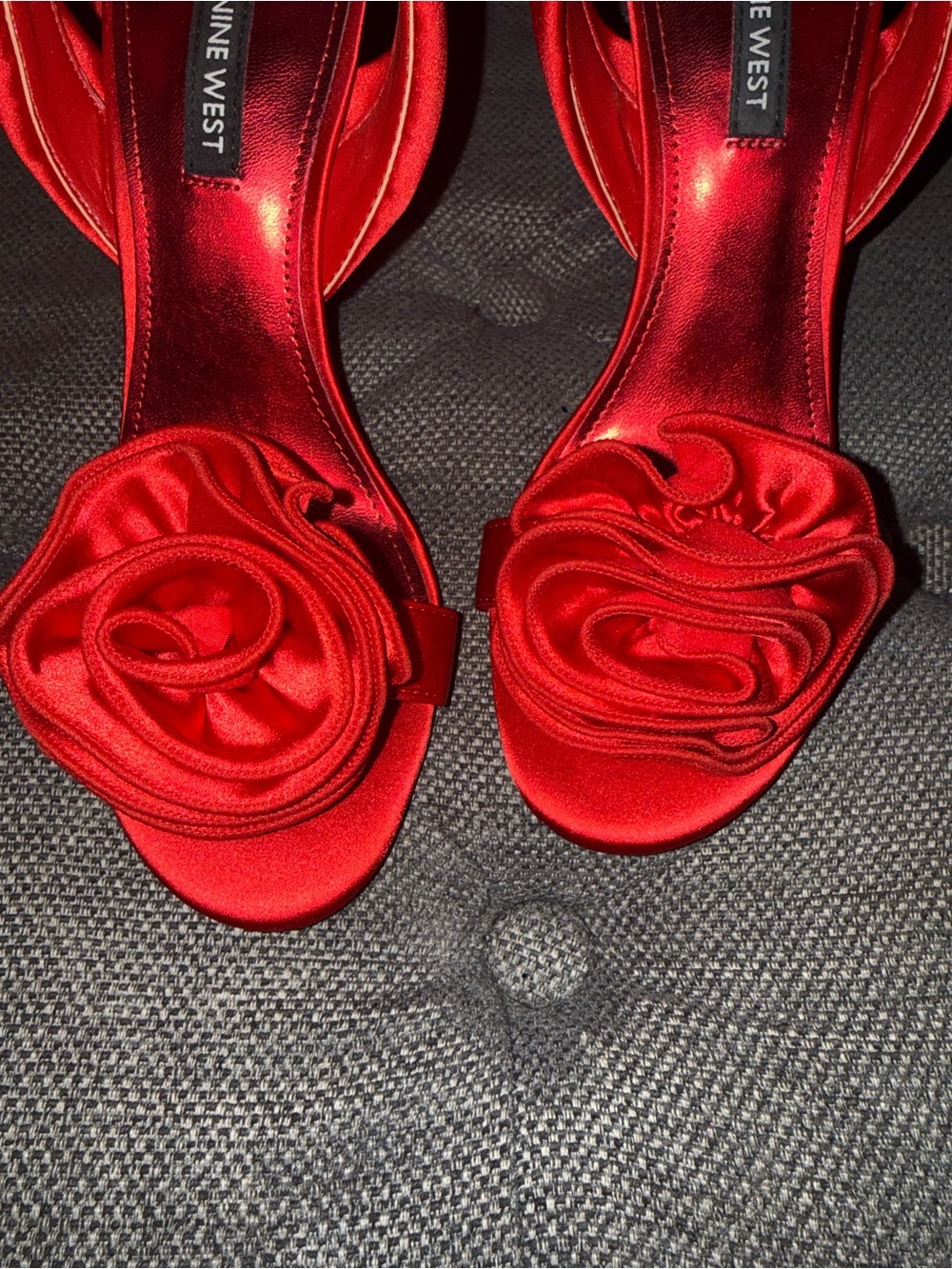 Nine West Red Satin Rose-Detail Ankle Tie Heels - Picture 2 of 9